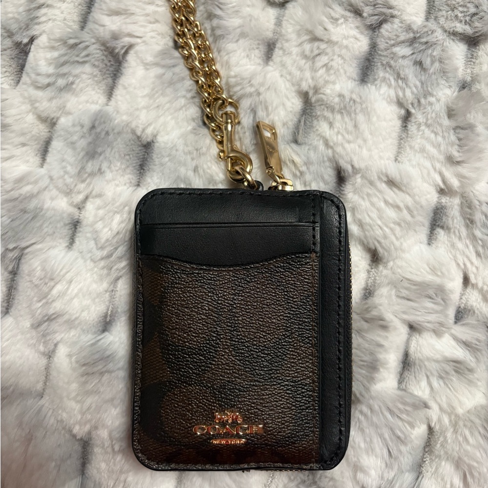 Coach Black and Brown Card Holder with Gold Chain Accent